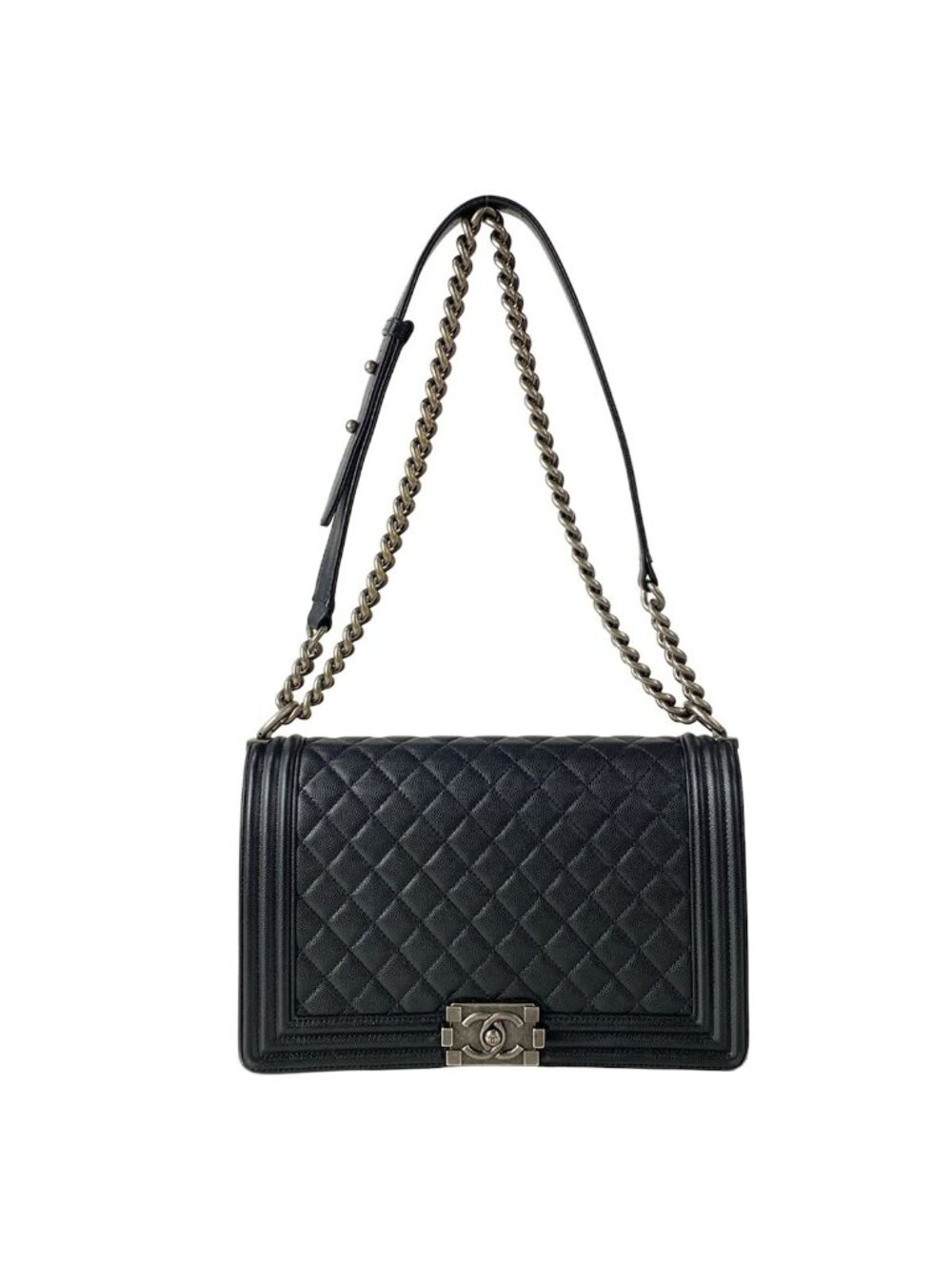 Chanel Shoulder Bag Boy Quilted Black Chain Vintage Silver